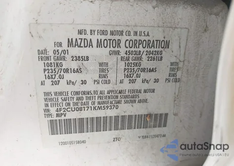 2001 Mazda Tribute Es V6/Lx V6 z USA, uszkodzony, nr VIN 4F2CU08171KM59370